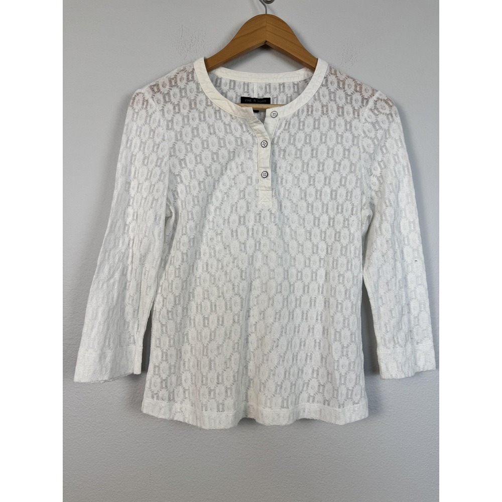 Rag & Bone‎ Shirt Women's Large White Lace Henley 3/4 Sleeve Sheer Geometric